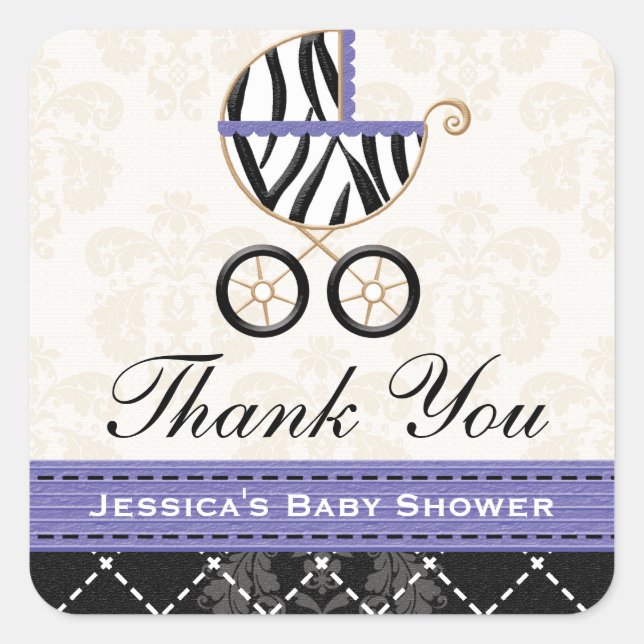 Purple Blue Zebra Baby Carriage Thank You Square Sticker (Front)