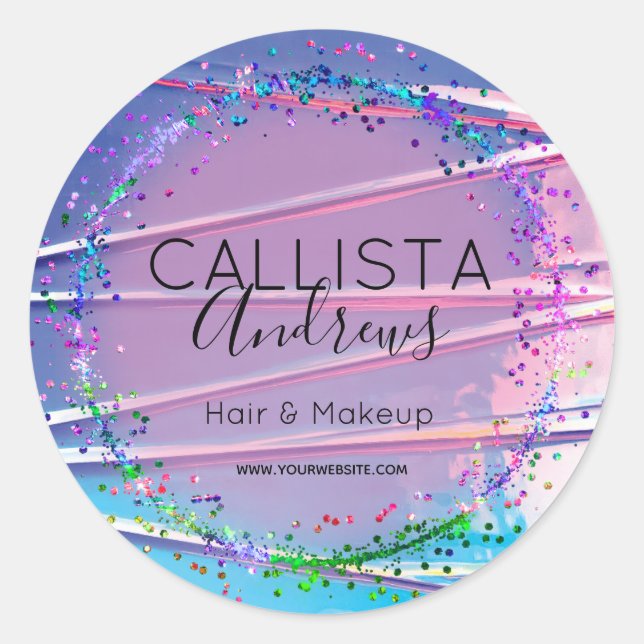 Purple Blue Zigzag Holograph Glitter Confetti Classic Round Sticker (Front)