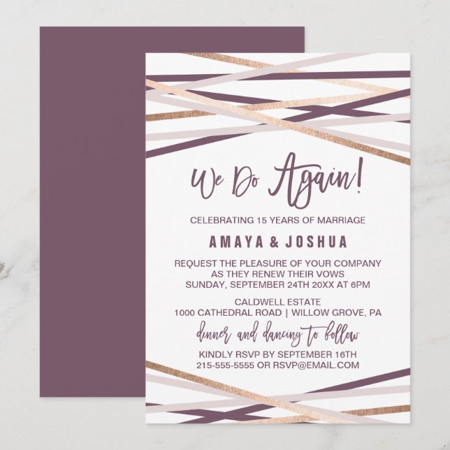 Purple Blush and Rose Gold Streamers Vow Renewal Invitation (Front/Back)