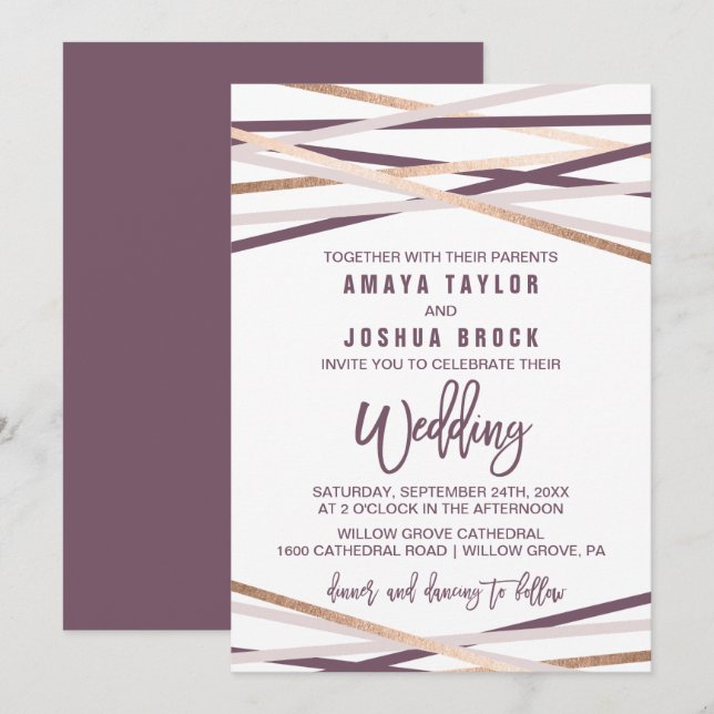 Purple Blush and Rose Gold Streamers Wedding Invitation (Front/Back)