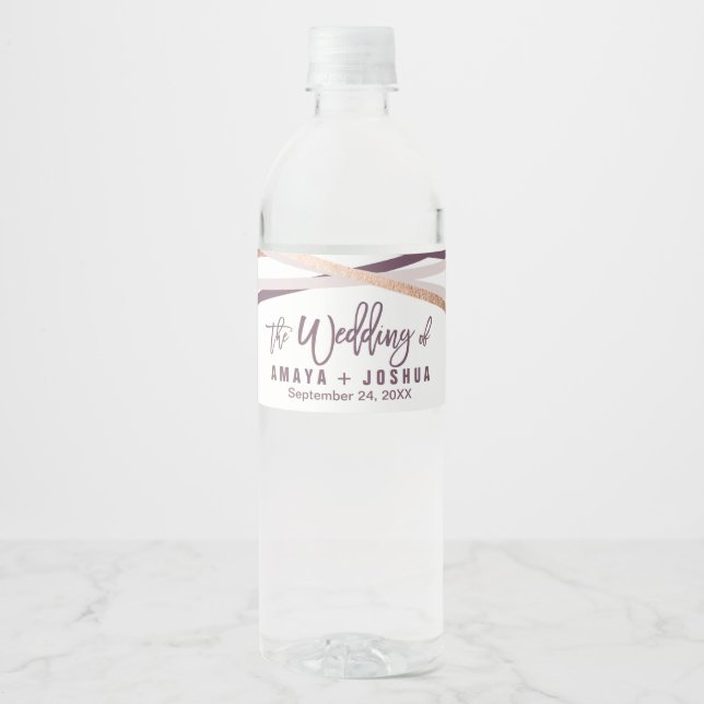 Purple Blush and Rose Gold Streamers Wedding Water Bottle Label (Front)
