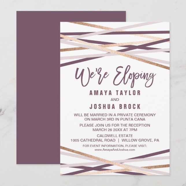 Purple Blush and Rose Gold Streamers We're Eloping Invitation (Front/Back)