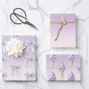 Purple Blush Bows Ice Cream Cones Birthday Wrapping Paper Sheet