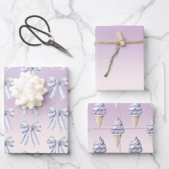 Purple Blush Bows Ice Cream Cones Birthday Wrapping Paper Sheet (Front)