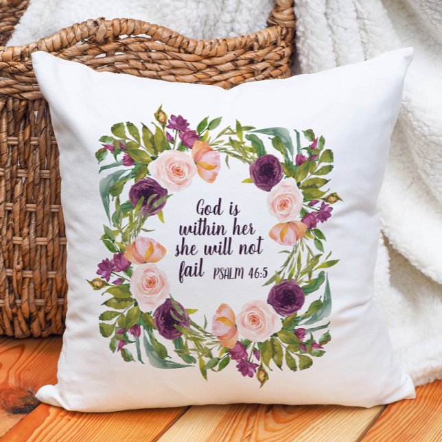 Purple Blush Floral God is Within Her Christian Cushion ("God is within her, she will not fail." burgundy and pink floral Christian Bible verse pillow)