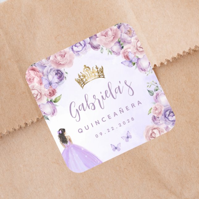 Purple Blush Floral Quinceañera Party Square Sticker (Creator Uploaded)