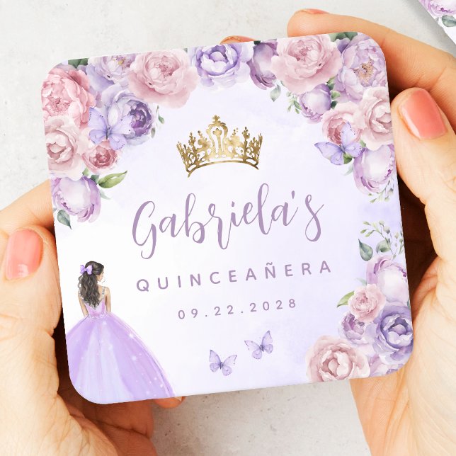 Purple Blush Floral Quinceañera Square Paper Coaster (Creator Uploaded)