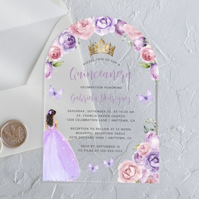 Purple Blush Floral Roses Watercolor Quinceañera Acrylic Invitations (Creator Uploaded)