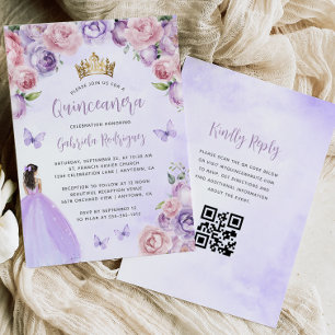 Purple Blush Floral Watercolor QR Code Quinceañera Invitation