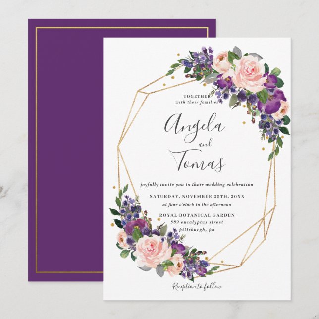 Purple Blush Floral Wedding Geometric Gold Frame Invitation (Front/Back)