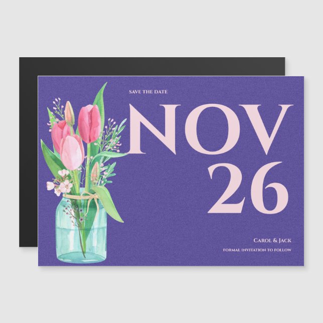 Purple & Blush Floral Wedding Save the Date (Front/Back)