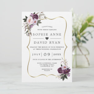 Purple Blush Flowers Gold All In One Wedding Invitation