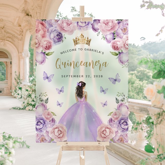Purple Blush Gold Floral Quinceañera Welcome Acrylic Sign (Creator Uploaded)