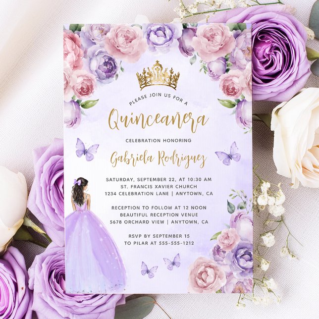 Purple Blush Gold Floral Watercolor Quinceañera Invitation (Creator Uploaded)