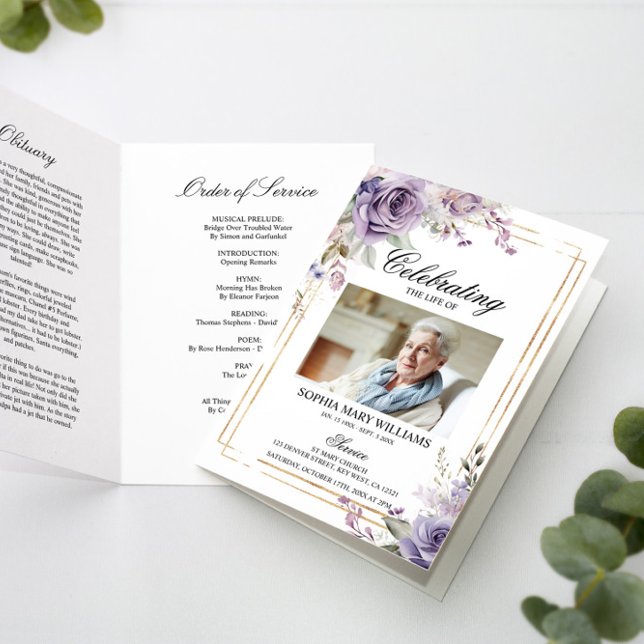 Purple & Blush Photo Memorial Funeral Programs Card (Creator Uploaded)