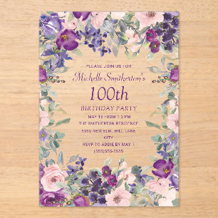 Purple Blush Pink Floral 100th Birthday  Acrylic Invitations
