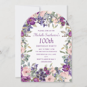 Purple Blush Pink Floral Arch 100th Birthday  Invitation