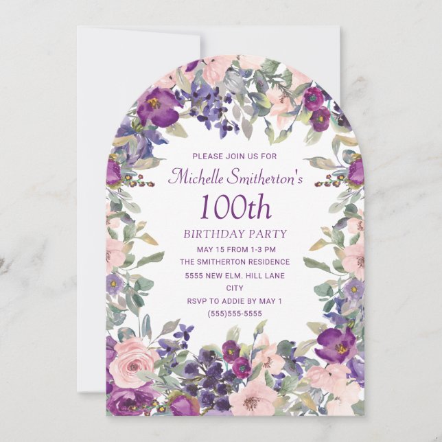 Purple Blush Pink Floral Arch 100th Birthday  Invitation (Front)