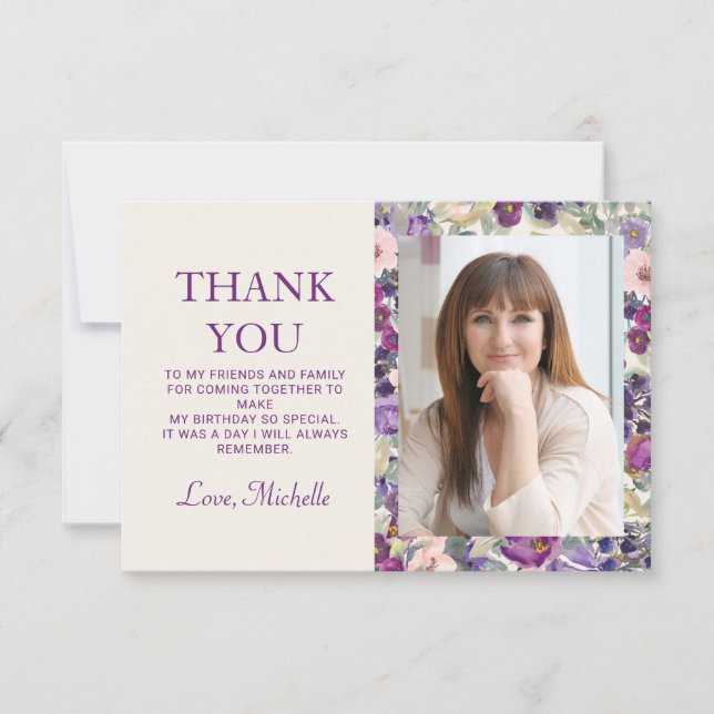 Purple Blush Pink Floral Birthday Photo Thank You Card (Front)