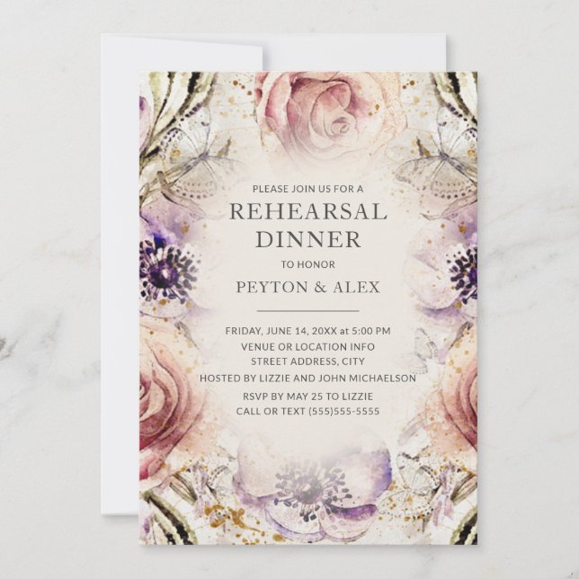 Purple Blush Pink Floral Butterflies Cream Wedding Invitation (Front)