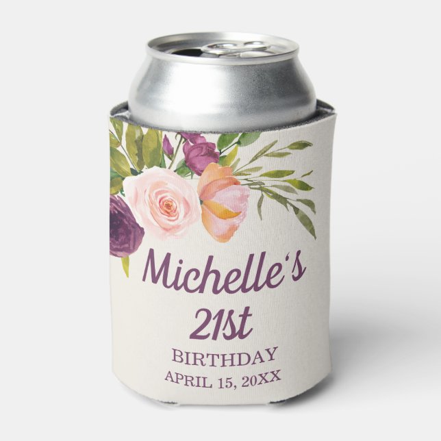 Purple Blush Pink Floral Cream 21st Birthday Can Cooler (Can Front)