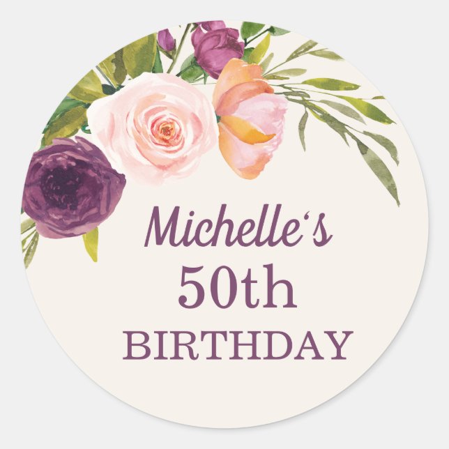 Purple Blush Pink Floral Cream 50th Birthday Classic Round Sticker (Front)
