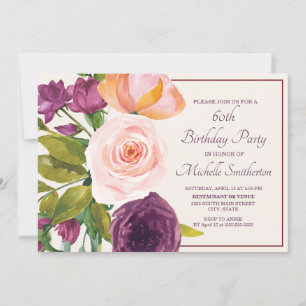Purple Blush Pink Floral Cream 60th Birthday