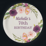 Purple Blush Pink Floral Cream 70th Birthday Paper Plate<br><div class="desc">Beautiful purple,  burgundy,  and blush pink watercolor floral on cream-coloured 70th birthday party custom paper plates for women.  Contact us for help with customisation or to request matching products</div>