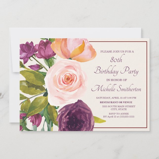 Purple Blush Pink Floral Cream 80th Birthday (Front)