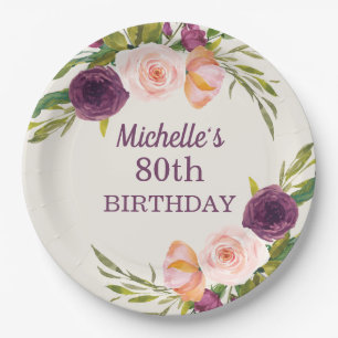 Purple Blush Pink Floral Cream 80th Birthday Paper Plate