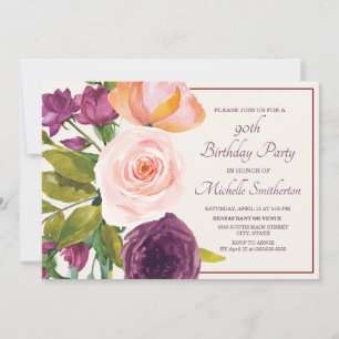 Purple Blush Pink Floral Cream 90th Birthday