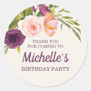 Purple Blush Pink Floral Cream Birthday Thank You Classic Round Sticker