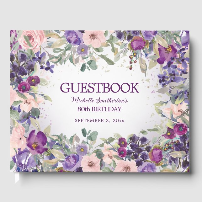 Purple Blush Pink Floral Custom 80th Birthday Guest Book (Front)