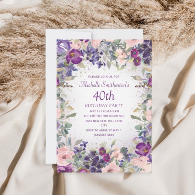Purple Blush Pink Floral Foliage 40th Birthday Invitation (Creator Uploaded)