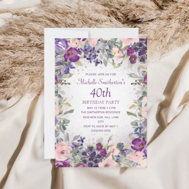 Purple Blush Pink Floral Foliage 40th Birthday Invitation | Zazzle