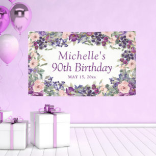 Purple Blush Pink Floral Foliage 90th Birthday Banner