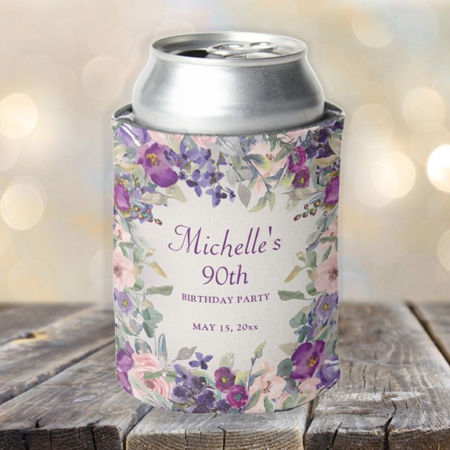 Purple Blush Pink Floral Foliage 90th Birthday Can Cooler (Purple and blush pink watercolor floral custom 90th birthday party can cooler)