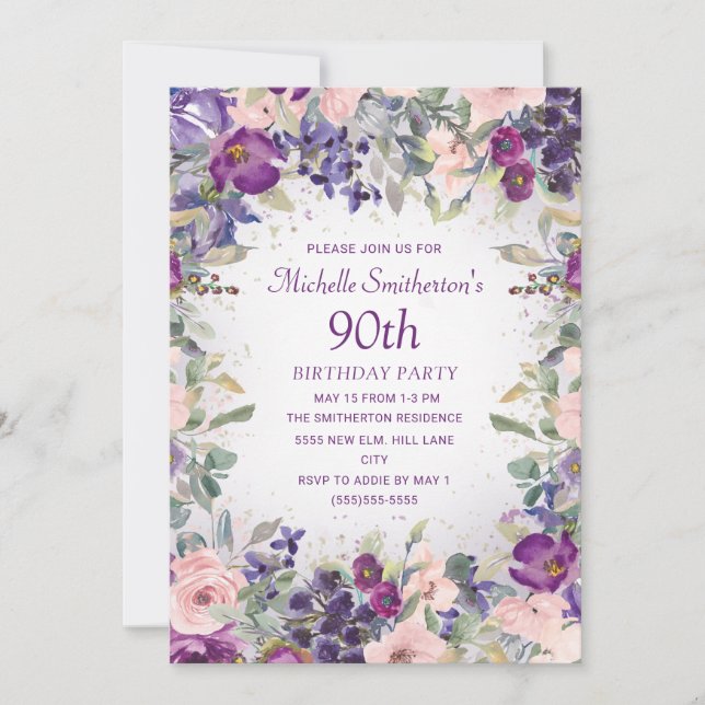 Purple Blush Pink Floral Foliage 90th Birthday Inv Invitation (Front)