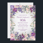 Purple Blush Pink Floral Foliage 90th Birthday Inv Invitation<br><div class="desc">Elegant and artistic blush pink and purple watercolor floral and foliage 90th birthday party invitation for women. Text is fully customisable,  so design these invitations for anyone of any age. Contact me for assistance with your customisations or to request additional Zazzle products for your party.</div>