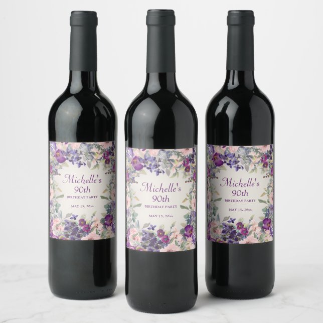 Purple Blush Pink Floral Foliage 90th Birthday Wine Label (Bottles)