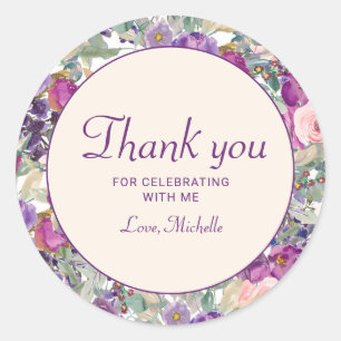 Purple Blush Pink Floral Foliage Birthday Classic Round Sticker