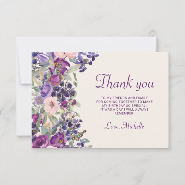 Purple Blush Pink Floral Foliage Birthday  Thank You Card (Front)