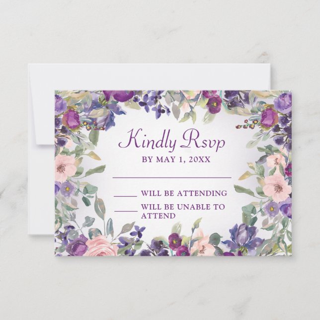Purple Blush Pink Floral Foliage RSVP (Front)