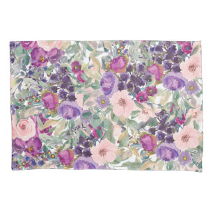 Purple Blush Pink Floral Green Leaves Pillowcase