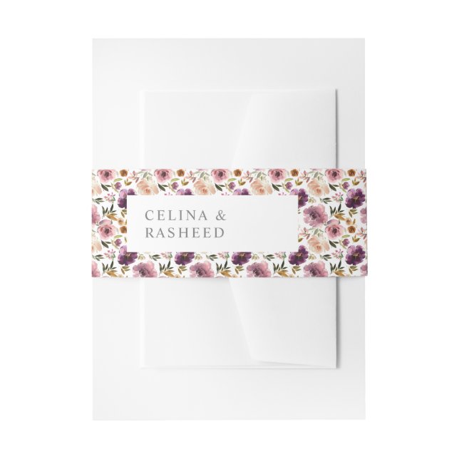 Purple & Blush Pink Floral Invitation Belly Band (Front Example)