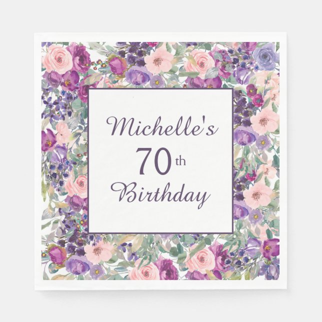 Purple Blush Pink Floral Leaves 70th Birthday Napkin (Front)