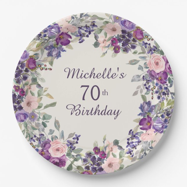 Purple Blush Pink Floral Leaves 70th Birthday  Paper Plate (Front)