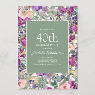 Purple Blush Pink Floral Sage Green 40th Birthday Invitation