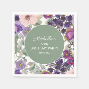Purple Blush Pink Floral Sage Green 50th Birthday Napkin