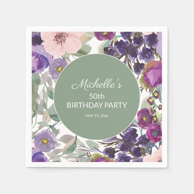 Purple Blush Pink Floral Sage Green 50th Birthday Napkin (Front)
